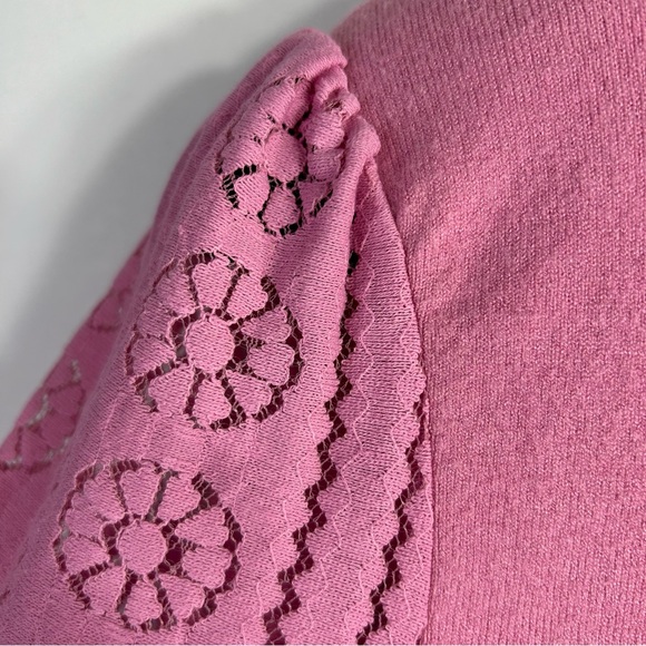 ontwelfth Floral Lace Puff Sleeve Ribbed Knit Short Sleeve Cotton Sweater Sz L - Picture 8 of 15